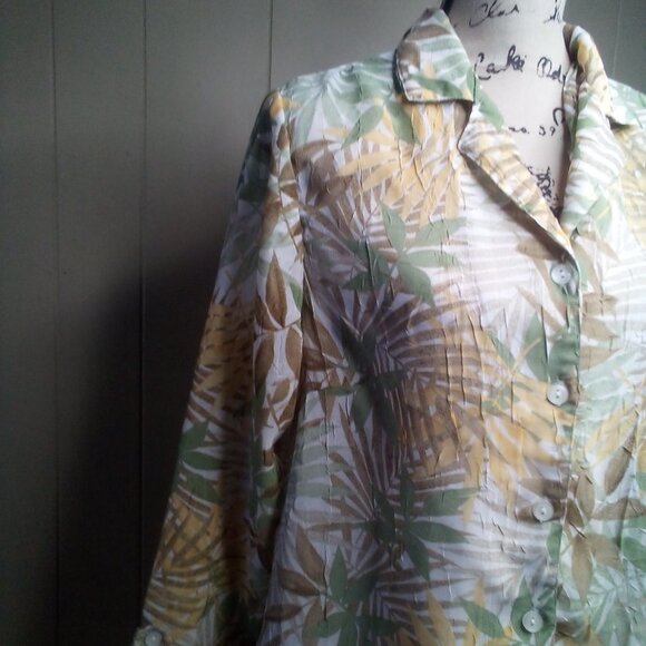 Cathy Daniels Blouse M Button Up Sheer Textured 3/4 Sleeve Floral Brown Green - Picture 12 of 16